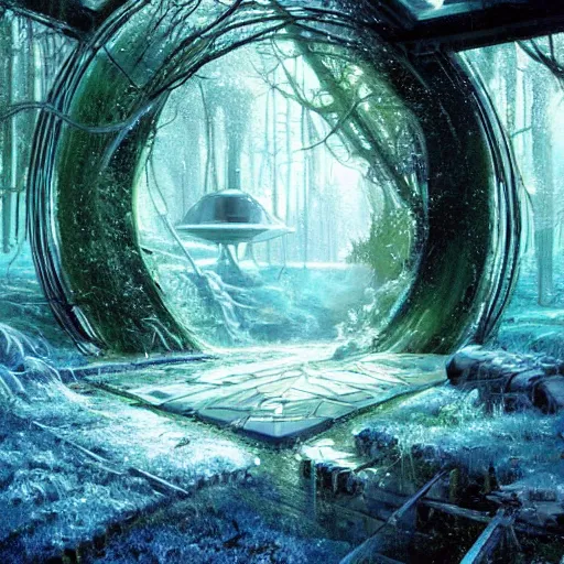 Image similar to frozen derelict portal in a middle of a snowy lush futuristic forest, green lush world seen only through a portal, daylight, cinematic lighting, blue sky, syd mead, john harris