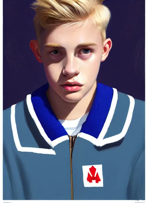 Image similar to portrait of a teenage boy named moose mason, blonde short hair, jock, beefy, square jaw, square facial structure, 1 9 5 0 s, blue varsity jacket, intricate, elegant, glowing lights, highly detailed, digital painting, artstation, concept art, smooth, sharp focus, illustration, art by wlop, mars ravelo and greg rutkowski