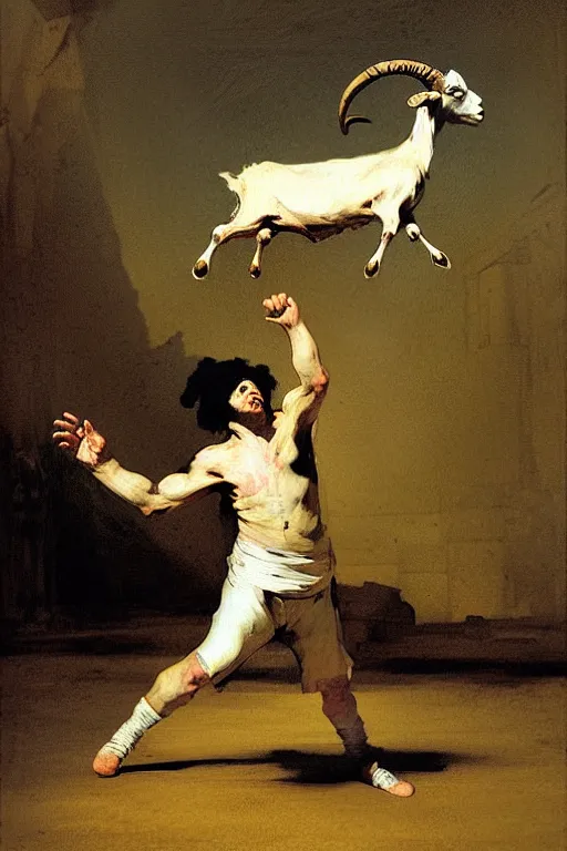 Image similar to dancing man with a goat head by francisco de goya and greg rutkowski