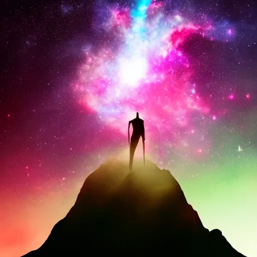 Image similar to a towering godlike apparition in the shape of a human, made of smoke and fog, backlit by pink, purple, red, blue neon lighting, nebulas, backround of stars and galaxies