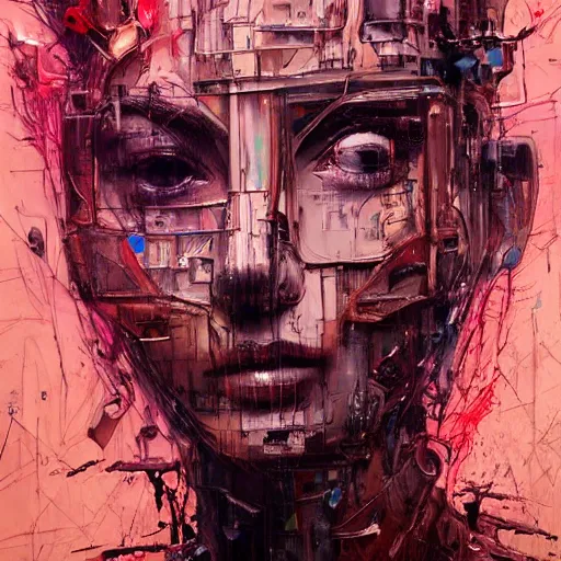 Image similar to human 3 d by woo, beautiful woman head made of mech mask rendered in unreal engine, cyberpunk, dark, scifi, painted by david burliuk | bernard buffet | carne griffiths | stanislaw lem