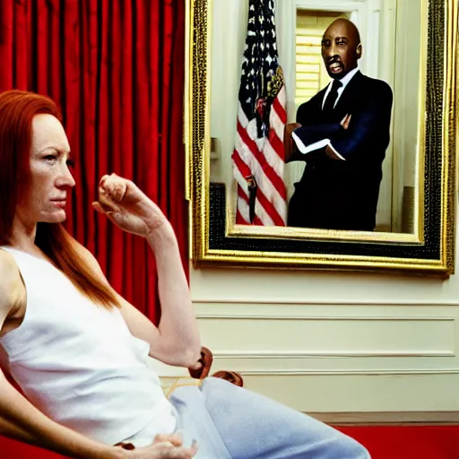 Image similar to Jen Psaki and Tupac Shakur high on LEAN; dirty dancing in the Oval Office , Photograph By Rineke Dijkstra; by Yoichi Okamoto