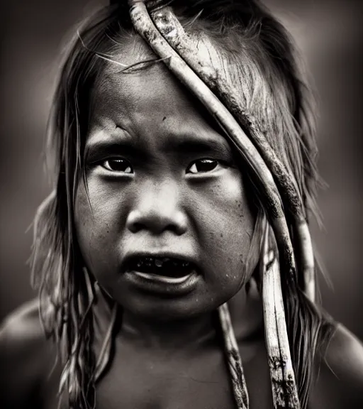 Image similar to Award winning Editorial photograph of a Hawaiian girl by Lee Jeffries, 85mm ND 4, perfect lighting, wearing traditional garb, With huge sharp jagged Tusks and sharp horns, gelatin silver process