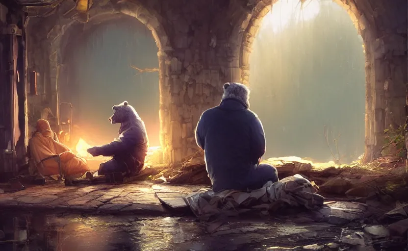 Image similar to highly detailed portrait of joe biden as a homeless, talking to his bear reflection, stephen bliss, unreal engine, fantasy art by greg rutkowski, loish, rhads, ferdinand knab, makoto shinkai and lois van baarle, ilya kuvshinov, rossdraws, tom bagshaw, global illumination, radiant light, detailed and intricate environment