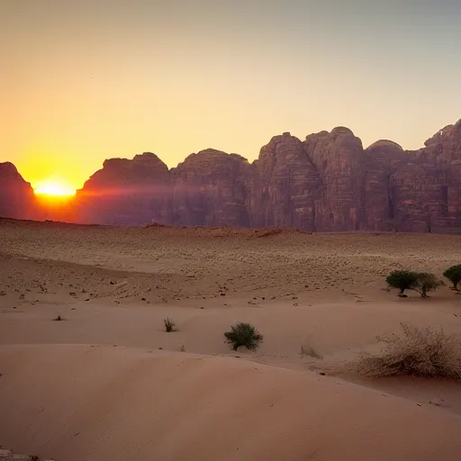 Prompt: sunset in the wadi rum desert, national geographic