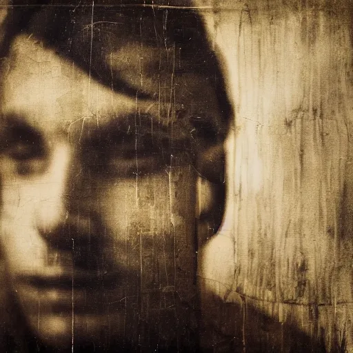 Image similar to A double exposure of a collodion-styled portrait of a man coupled with an abstract oil-on-canvas painting, bokeh, depth of field, dreamy