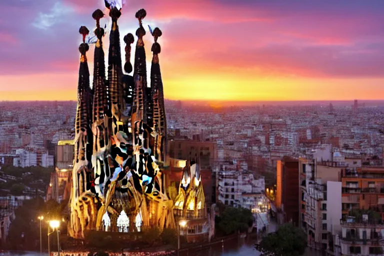 Image similar to views of catastrophic barcelona's sagrada familia covered with high water, global warming, floating cars, sunset lighting, photo real