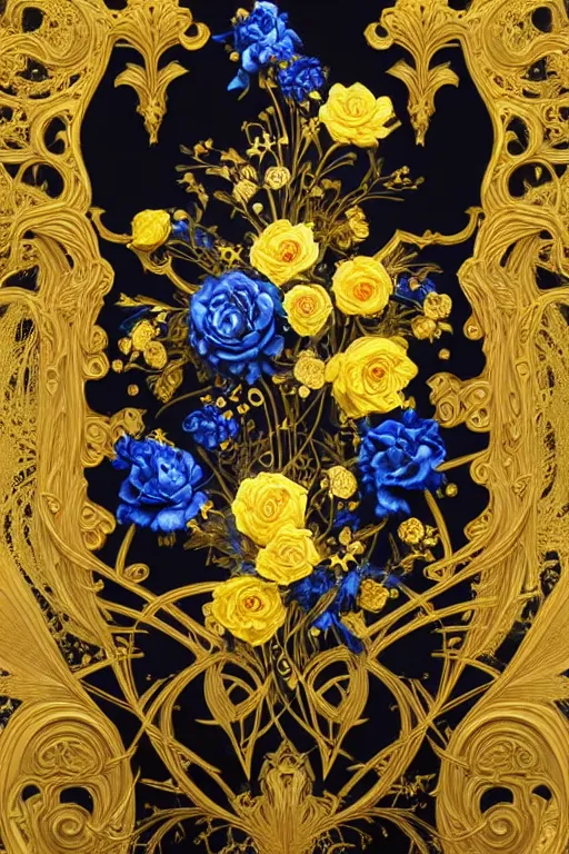 Prompt: beautiful black blue yellow, complicated gold and blue flowers in baroque style decoration, dark fantasy, intricate, elegant, highly detailed, digital painting, artstation, concept art, matte, 3 d 8 k octane rendered, sharp focus, illustration, octane rendered, art by artgerm and alphonse mucha, leesha hannigan