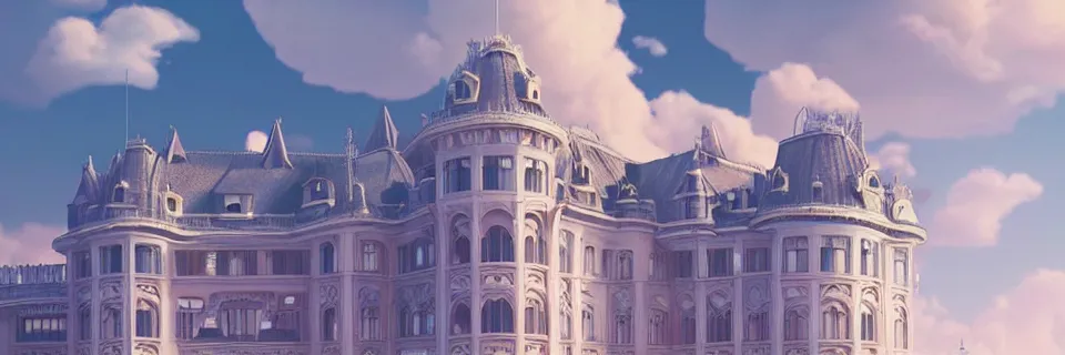 Prompt: beautiful digital illustration of a towering Art Nouveau palace in the sky, realistic clouds, pastel color scheme, concept art, deviantArt, artsation, artstation HQ, HD, 16k resolution, octane, finalRender, Unreal Engine