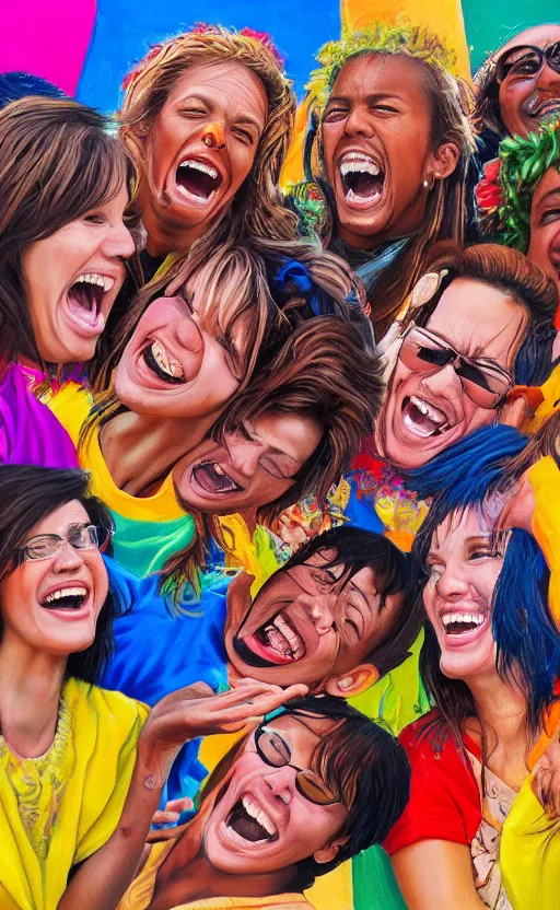 Prompt: incredible beautiful detailed intricate and photorealistic painting of a group of friends laughing together. the colors are very vibrant and the people in the photo look very happy and beautiful. vibrant colors, very funny, personal, positive, visually pleasing, engaging and contains humans. high resolution. high quality. photorealistic. hq hd. 8 k. trending on artstation.