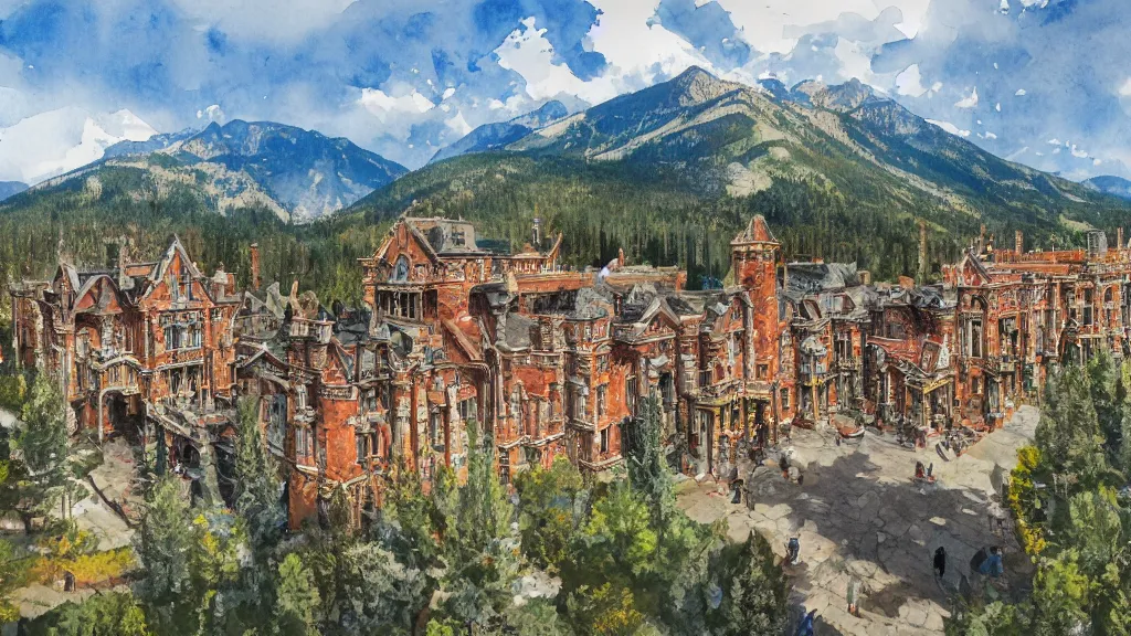 Prompt: top down view of an elaborate museum complex in aspen colorado, watercolored, jakub rozalski, bright colours, artstation