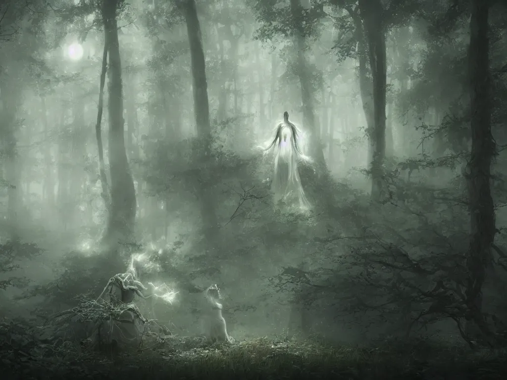 Image similar to a close up of the ghost lady with a wood spirit in the trees with will o the wisp, photorealistic, by jessica rossier, wlop, 4 k resolution