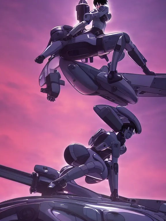 Image similar to a fullbody action still of motoko kusanagi riding on top of a tachikoma, the major ghost in the shell : : stand alone complex, under repairs, maintenance : : by ilya kuvshinov, rossdraws, artgerm, sola digital arts, anti aliasing, raytracing : :