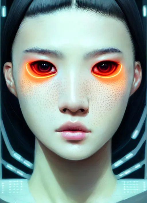 Prompt: photorealistic portrait of oriental female humanoid with freckle cheeks, cyber neon lightings, wide angle, highly detailed, cyberpunk high fashion, elegant, crispy quality, trending in artstation, trending in pinterest, glamor pose, no signature, no watermark, cinematic, octane render, art by artgerm, art by greg rutkowski, art by pascal blanche