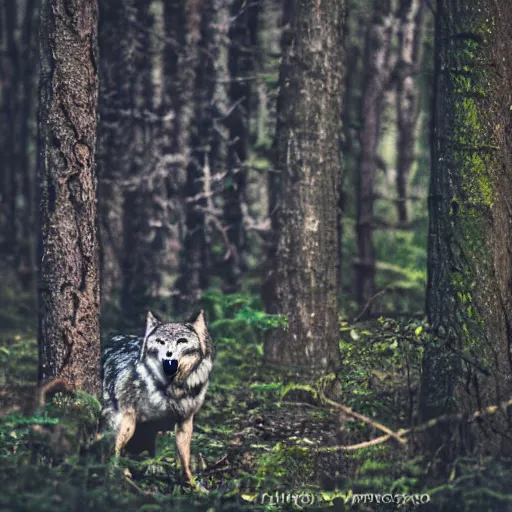 Image similar to mixture between an! owl and wolf, captured in a forest