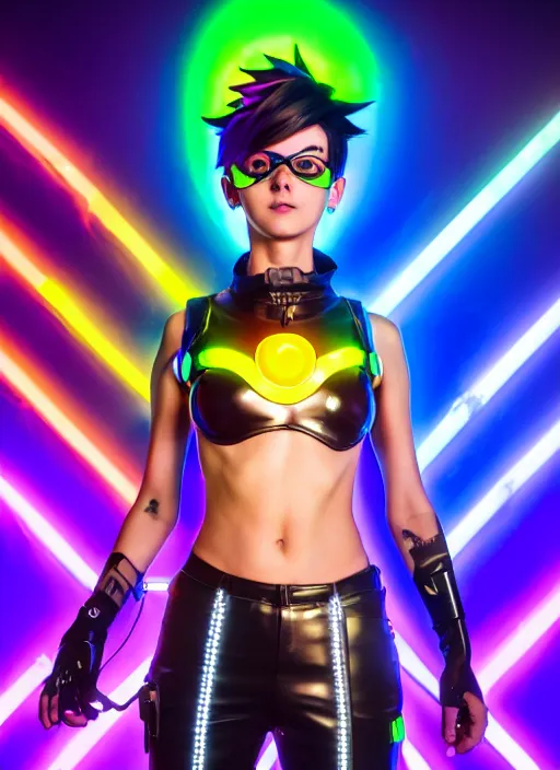 Prompt: full body overwatch style oil painting portrait of tracer overwatch, confident pose, wearing black jagged iridescent rainbow latex armor, rainbow, neon, 4 k, expressive surprised expression, makeup, wearing large rainbow neon choker, studio lighting, black leather harness, expressive detailed face and eyes,