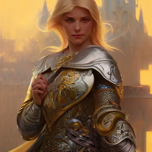 Image similar to A beautiful digital painting of a strong blonde woman, in a regal armor, princess, D&D, fantasy, intricate, cinematic lighting, highly detailed, digital painting, Artstation, concept art, smooth, sharp focus, illustration, art by Artgerm and Greg Rutkowski, Alphonse Mucha and charlie bowater