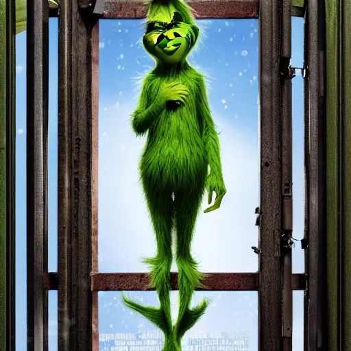 Prompt: The Grinch in maximum security prison behind bars, movie poster, indoors, highly detailed, portrait, 8k, smooth, gritty, action movie, rated R