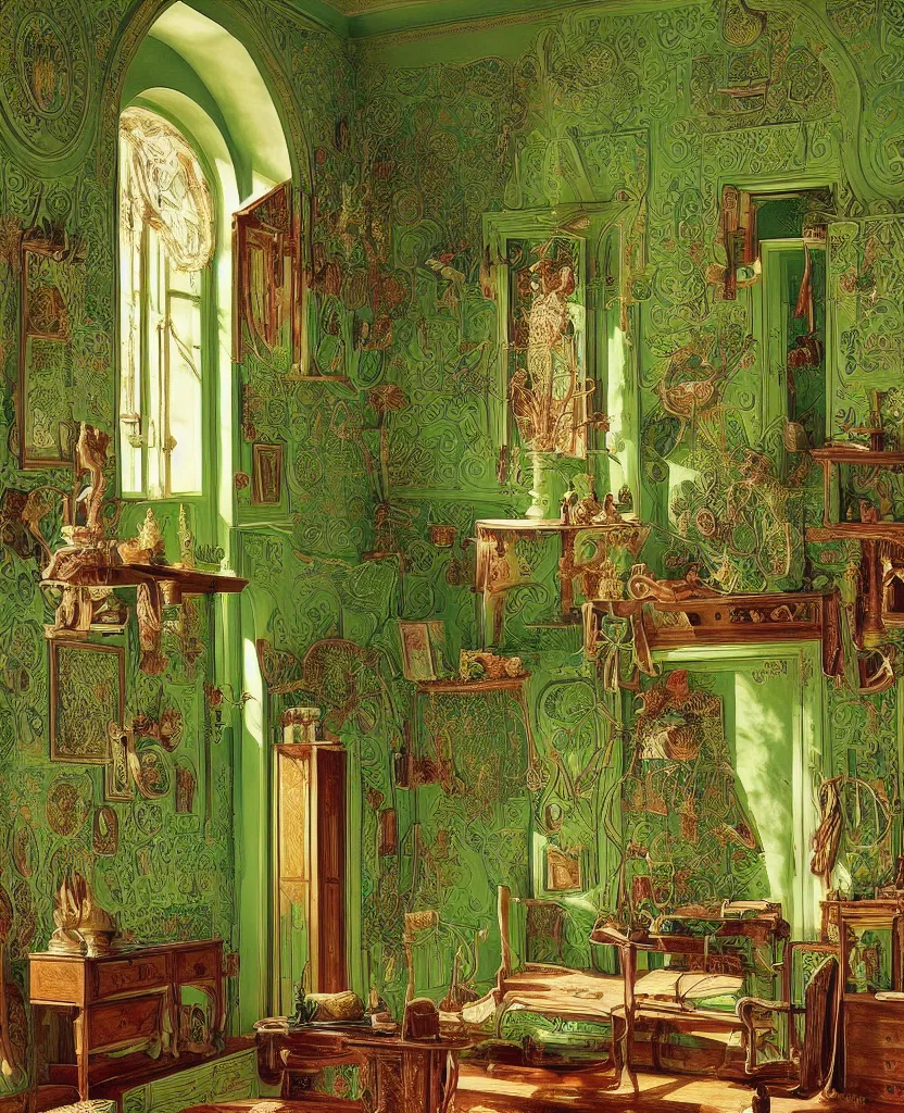 Prompt: room interior with furniture, green colors, designed by ernst haeckel, art forms in nature, afternoon light, intricate high details, sharp, ultradetailed