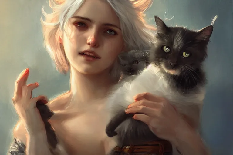 Image similar to Ciri holding a cat, beautiful lighting, expressive oil painting, trending on artstation, digital art, by Yoshitaka Amano