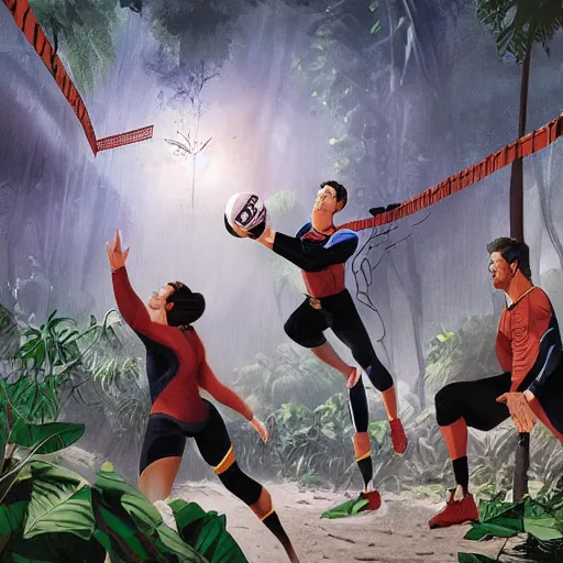 Image similar to batman and superman are playing volleyball in a jungle, volleyball in the air, volleyball net, digital illustration, inspired by greg rutkowski and artgerm, high detail