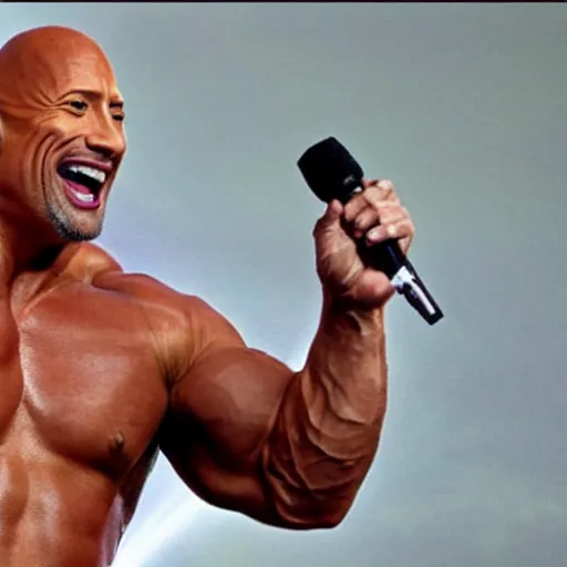 Image similar to dwayne johnson singing in a rock concert and standing on a rock