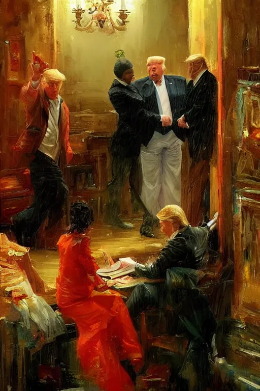 Image similar to donald trump buying drugs from vladimir putin in a dark raining city alley by adrian smith and wlop and vladimir volegov and alexander averin and delphin enjolras