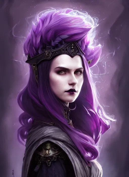 Image similar to side portrait dark witch, adventurer outfit large cloak, fantasy forest landscape, dragon scales, fantasy magic, undercut hairstyle, short purple black fade hair, dark light night, intricate, elegant, sharp focus, illustration, highly detailed, digital painting, concept art, matte, art by WLOP and Artgerm and Greg Rutkowski and Alphonse Mucha, masterpiece