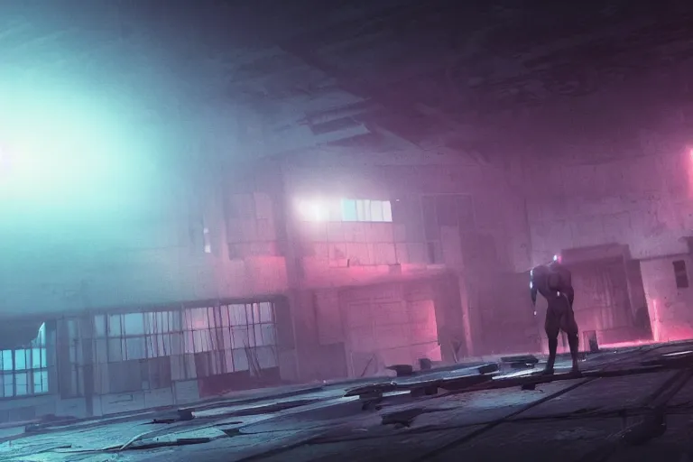 Prompt: Abandoned night hangar, dim blue light, foggy room, Several soldiers, laser sights on weapons, they are killed by a cyber woman, meat, blood, bones, spine, style Blade Runner, cinematic, volumetric light