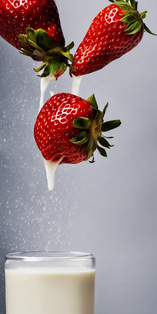 Image similar to a close up photo of milk pouring over a strawberry, macro, highly detailed, blurred background, studio lighting,