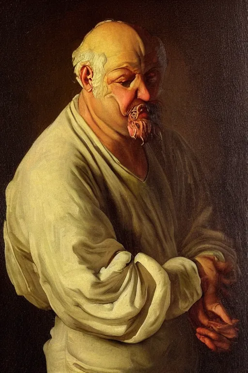 Prompt: garlic man portrait, baroque painting, smug garlic face