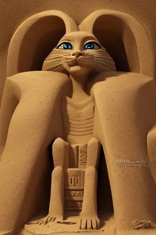 Image similar to a detailed sand sculpture of a godly egyptian cat, unreal engine 5, painted by gaston bussiere, hyper realism, artistic, dramatic lighting