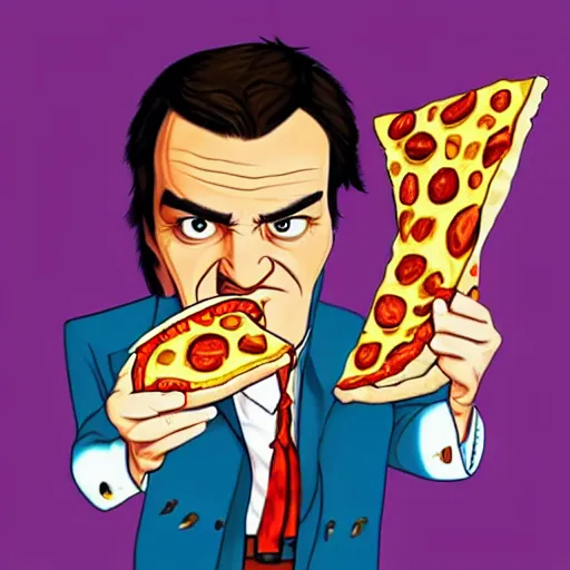 Image similar to pulp portrait colorful of quentin tarantino eating a slice of pizza, illustration, artstation