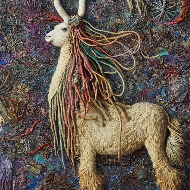 Prompt: llama with dreadlocks, from glass, by ernst haeckel, james jean, el anatsui, mandy jurgens