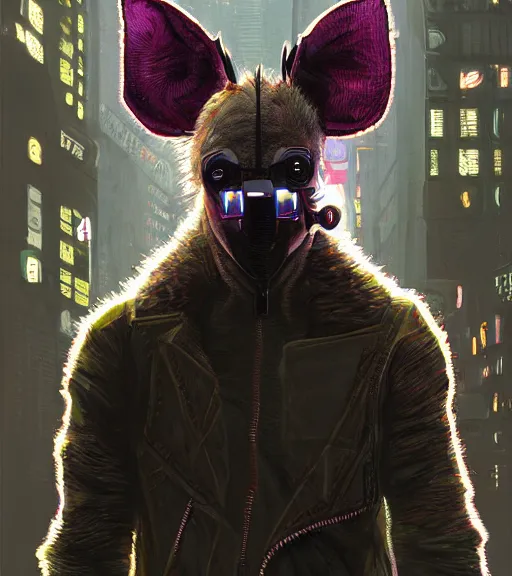 Image similar to new york city portrait of furry anthro anthropomorphic spotted hyena head animal person fursona wearing clothes strange cybernetic muzzle gloomy rainy screenshot from the video game cyberpunk 2077 digital art by Greg Rutkowski, Simon Stalenhag, christopher nolan trending on Artstation, CGSociety