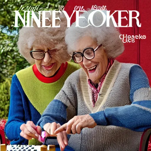 Prompt: two elderly poodles wearing sweater vests playing chess in the style of a New Yorker magazine cover