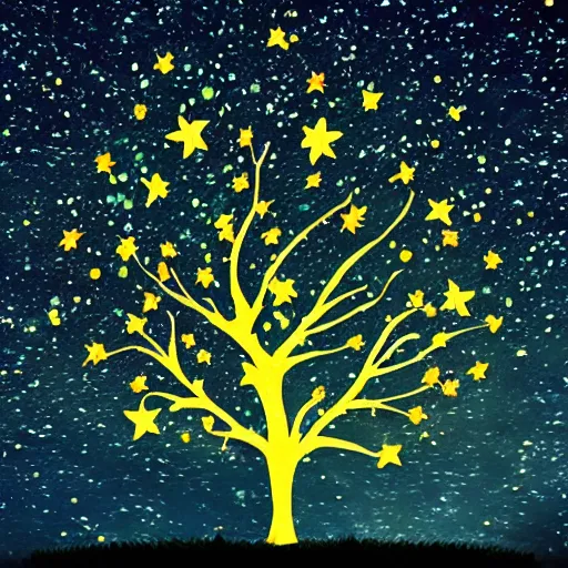 Prompt: a beautiful tree wit stars for leaves at night