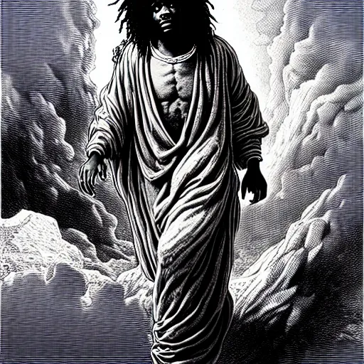 Image similar to cheef keef ascending into heaven holding double cup of lean, biblical image, style of gustave dore, highly detailed, beautiful, high contrast, black and white