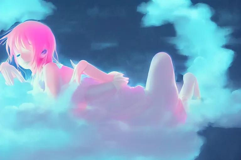 Image similar to a cute anime girl sleeping on a cloud, misty, glows, digital art, hazy, foggy, ambient lighting, 8 k, neon, synthwave,