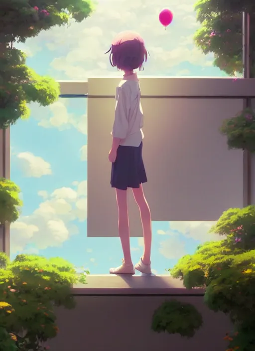 Prompt: girl stand in the a balcony where plants and flowers all around, she is watching a lot of balloons flying over, epic perspective, illustration concept art anime key visual trending pixiv fanbox by wlop and greg rutkowski and makoto shinkai and studio ghibli