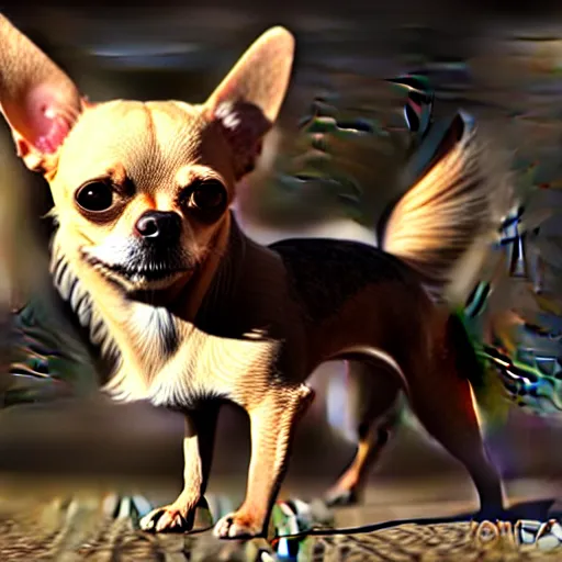 Image similar to a transcendent chihuahua living in an extradimensional reality, in the style of wlop, illustration, epic, fantasy, hyper detailed, smooth, unreal engine, sharp focus, ray tracing, physically based rendering, renderman, beautiful