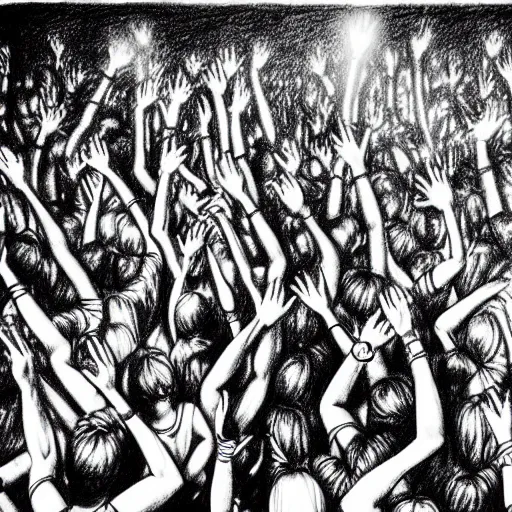 Prompt: the messiest rave you've ever been to, hyper detailed photorealistic pencil drawing of a large group of people dancing at a rave