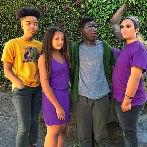 Prompt: a realistic photo of three teenagers talking. one is a large stocky white boy with thick long brown hair and glasses. one is a lanky black girl with a purple undercut. one is a short chubby white girl with red hair in a ponytail. they are standing outside on a sidewalk as the evening sun shines behind them.