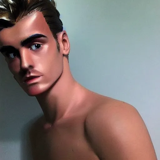 Image similar to “ a realistic detailed photo of a guy who is an attractive humanoid who is half robot and half humanoid, who is a male android, soccer player antoine griezmann, shiny skin, posing like a statue, blank stare, on the bed, on display ”