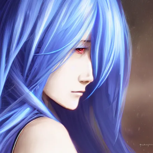 Prompt: side profile of rimuru tempest with sky blue hair, long hair, sharp face, gold eyes, high collar, black jacket | shiny, highly detailed, rain, professional digital painting, concept art, award - winning photography, cinematic, wlop | art by pixiv art, yoshitaka amano, junki ito