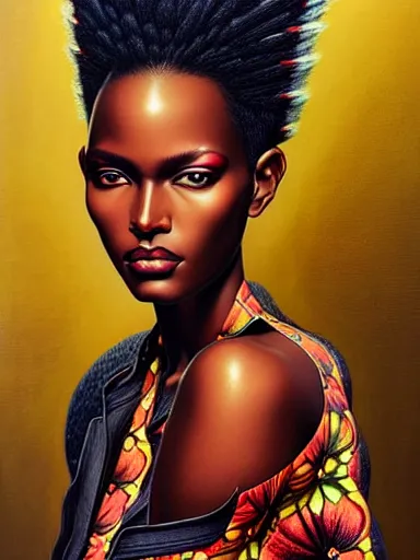 Prompt: a portrait of african supermodel with a floral background by karol bak, artgerm, moebius, yoji shinkawa : : portrait, illustration, photorealism, hyperrealism