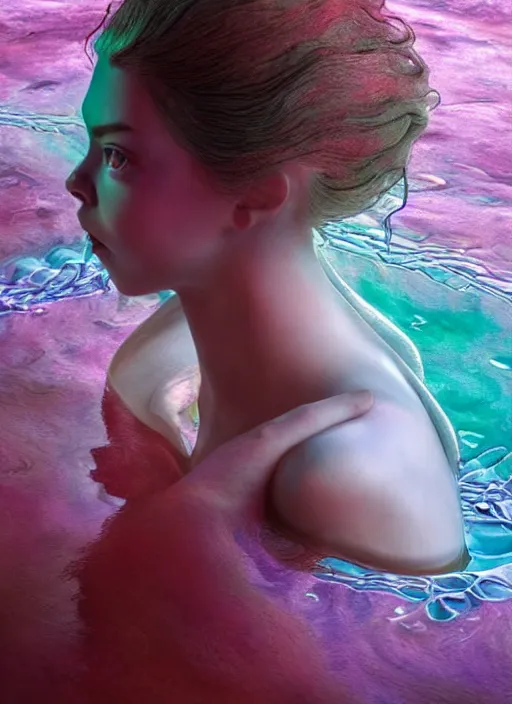 Image similar to hyper detailed 3d render like a Oil painting - very coherent Concrete displacement mapped profile subsurface scattering (a beautiful fae princess protective playful expressive from dark crystal that looks like Anya Taylor-Joy) seen red carpet photoshoot in UVIVF posing in caustic light pattern pool of water to Eat of the Strangling network of yellowcake aerochrome and milky Fruit and His delicate Hands hold of gossamer polyp blossoms bring iridescent fungal flowers whose spores black the foolish stars by Jacek Yerka, Ilya Kuvshinov, Mariusz Lewandowski, Houdini algorithmic generative render, golen ratio, Abstract brush strokes, Masterpiece, Victor Nizovtsev and James Gilleard, Zdzislaw Beksinski, Tom Whalen, Mark Ryden, Wolfgang Lettl, hints of Yayoi Kasuma and Dr. Seuss, Grant Wood, octane render, 8k