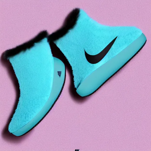 Prompt: poster nike shoe inspired by slippers made of very fluffy cyan and black faux fur placed on reflective surface, professional advertising, overhead lighting, heavy detail, realistic by nate vanhook, mark miner