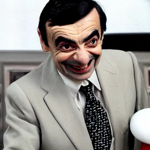 Prompt: 1980s archival photo of Mr Bean smiling sinisterly with a mushroom cloud behind him