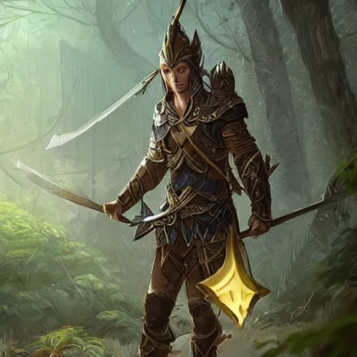 Image similar to male elven Archer armor made of leaves, epic fantasy digital art, fantasy style art, by Greg Rutkowski, fantasy hearthstone card art style